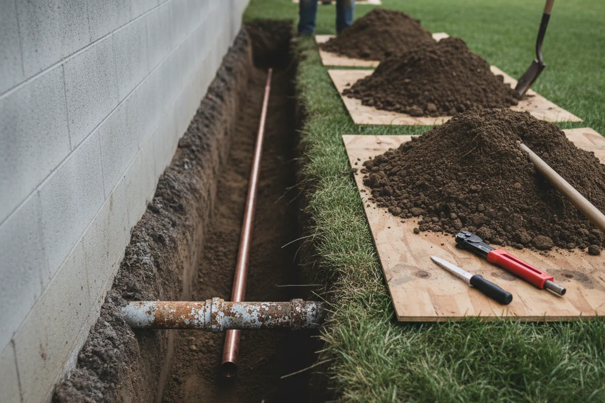 Excavated water line trench during Water Heater Repair in Lexington Park